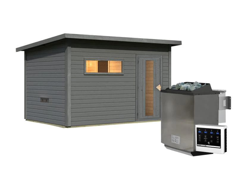 Karibu Saunahaus Hytti 6, inkl. 9 kW Bioofen ext. Steuerung -mit Iso-Tür- terragrau, 38 mm - Image 3