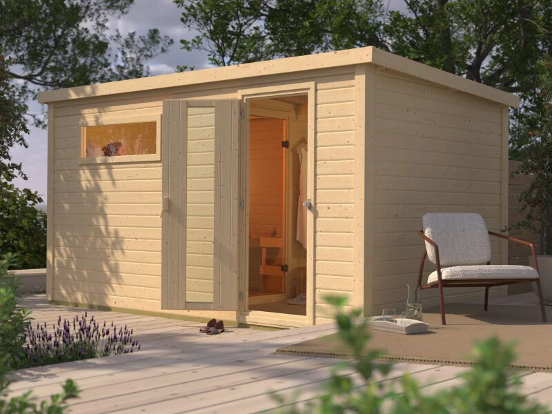 Karibu Saunahaus Hytti 6, inkl. 9 kW Ofen ext. Steuerung HUUM - mit Iso-Tür, Naturbelassen