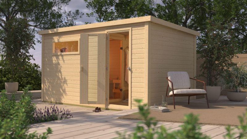 Karibu Saunahaus Hytti 6, inkl. 9 kW Ofen integr. Steuerung - mit Iso-Tür naturbelassen, 38 mm - Image 2