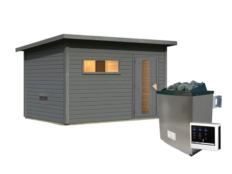 Karibu Saunahaus Hytti 6, inkl. 9 kW Ofen ext. Steuerung -mit Iso-Tür- terragrau, 38 mm - Image 3