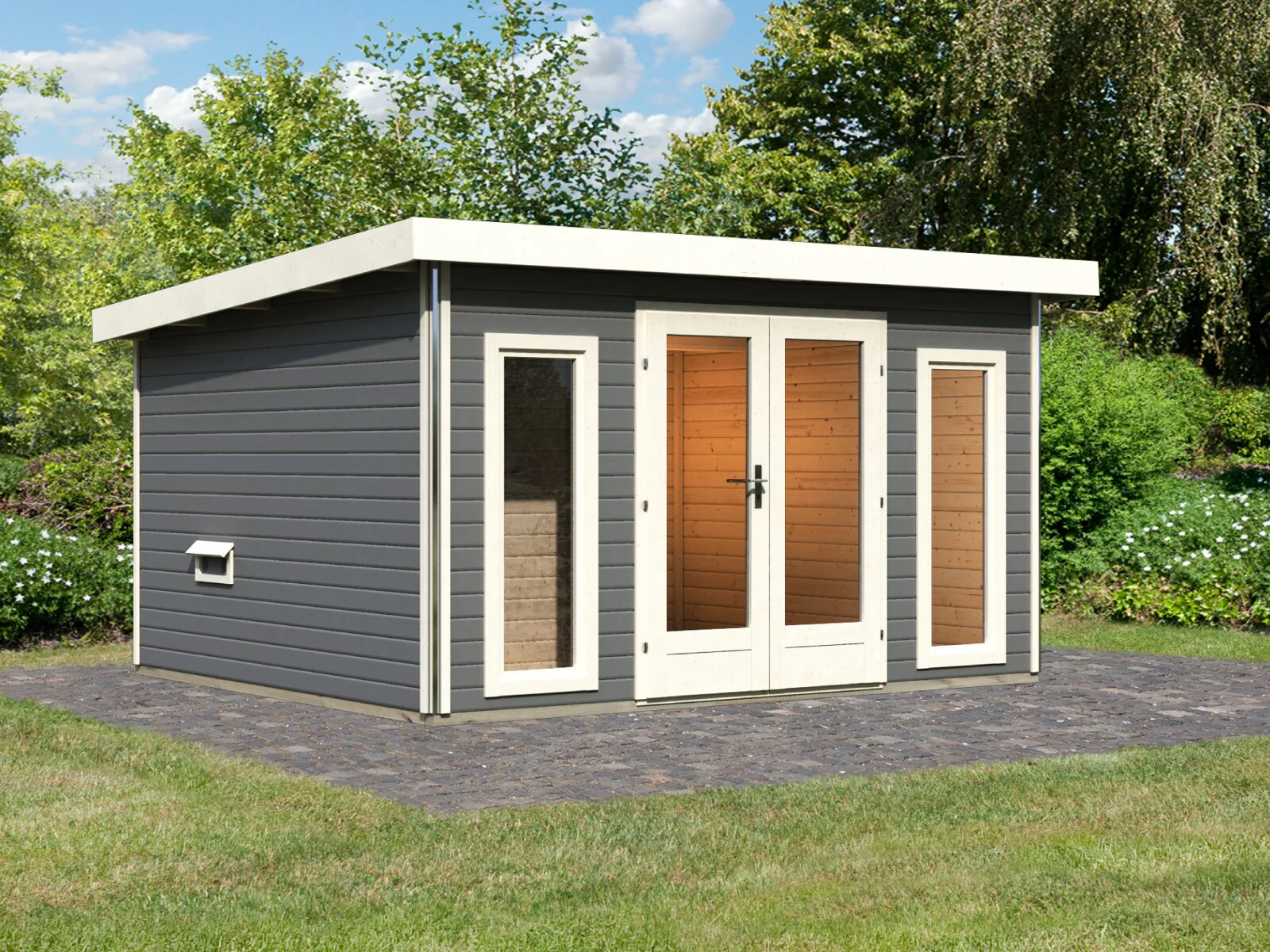 Karibu Saunahaus Mainburg 2 Set A terragrau, inkl. 9 kW Ofen ext. Steuerung HUUM