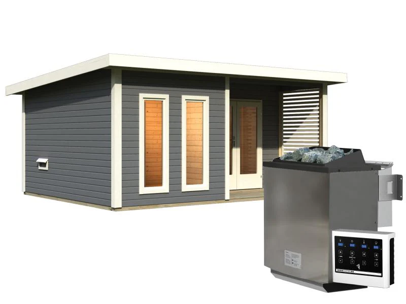 Karibu Saunahaus Mainburg 5 Set A terragrau- 9 kW Bioofen ext. Strg - Image 2
