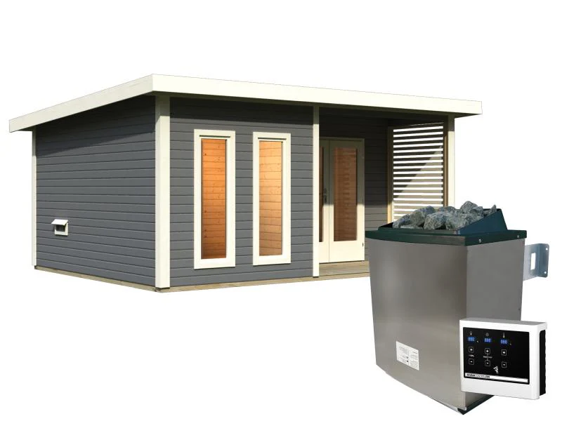 Karibu Saunahaus Mainburg 5 Set A terragrau- 9 kW Ofen ext. Strg - Image 2