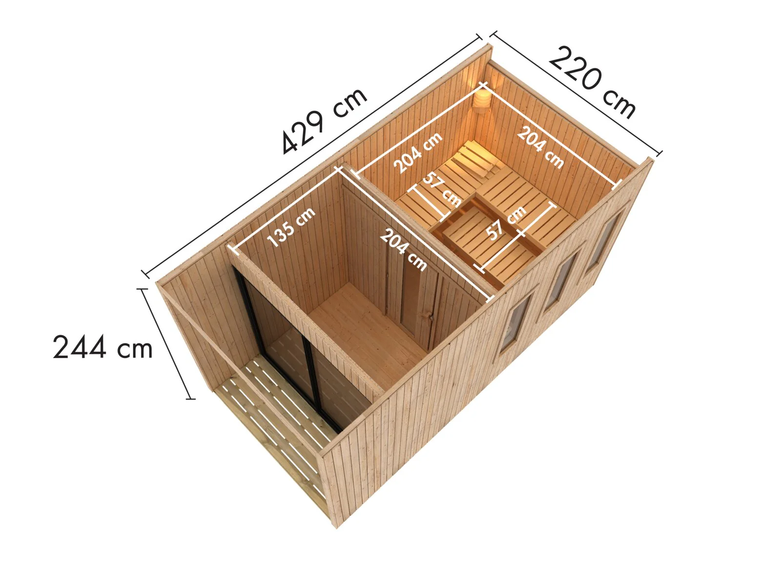 Karibu Saunahaus Miramar natur, inkl. 9 kW Ofen ext. Steuerung Wifi HUUM, inkl. Vorraum, 73 mm - Image 2