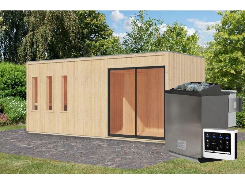 Karibu Saunahaus Monterey, natur, inkl. 9 kW Bioofen ext. Steuerung, mit Séparée im Vorraum, 73 mm - Image 3
