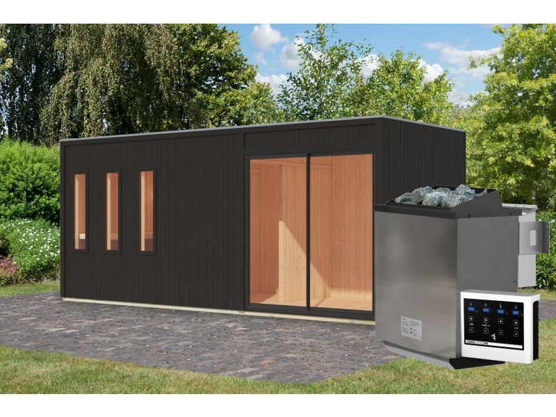 Karibu Saunahaus Monterey, schwarz, inkl. 9 kW Bioofen ext. Steuerung, mit Séparée im Vorraum, 73 mm - Image 3