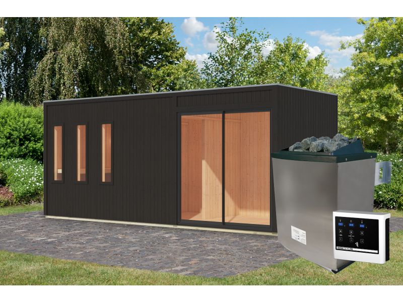 Karibu Saunahaus Monterey, schwarz, inkl. 9 kW Ofen ext. Steuerung, mit Séparée im Vorraum, 73 mm - Image 3