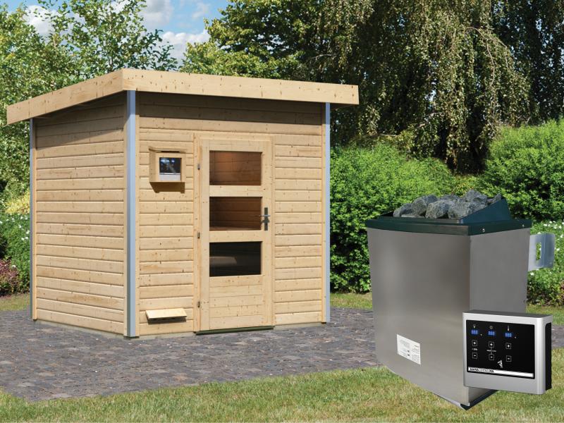 Karibu Saunahaus Norge 38 mm- 9 kW Ofen ext. Strg- moderne Tür