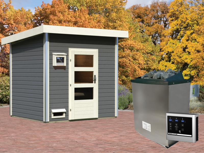 Karibu Saunahaus Norge 38 mm- 9 kW Ofen ext. Strg. - moderne Tür- terragrau - Image 2