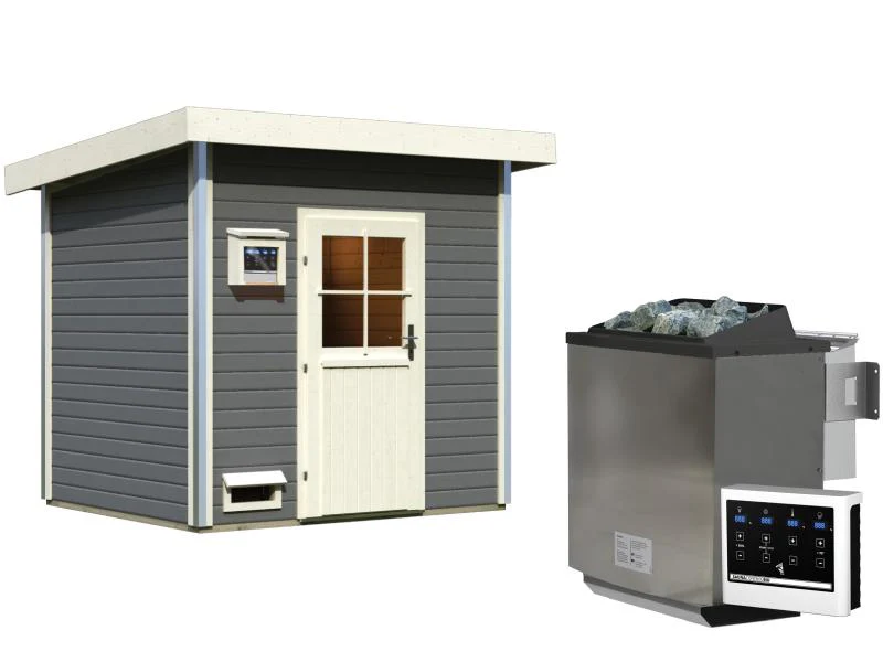Karibu Saunahaus Norge terragrau, inkl. 9 kW Bioofen ext. Steuerung -klassische Tür- - Image 2