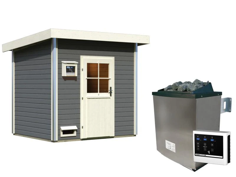 Karibu Saunahaus Norge terragrau, inkl. 9 kW Ofen ext. Steuerung -klassische Tür- - Image 2