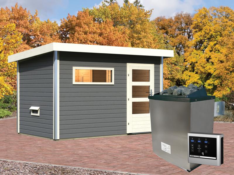 Karibu Saunahaus Skrollan 1 in terragrau- 38 mm- 9 kW Ofen ext. Strg- moderne Tür - Image 2