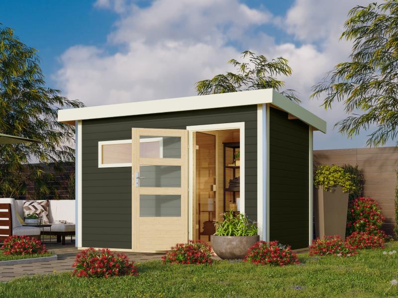 Karibu Saunahaus Skrollan 1 in terragrau- 38 mm- 9 kW Ofen ext. Strg- moderne Tür - Image 4
