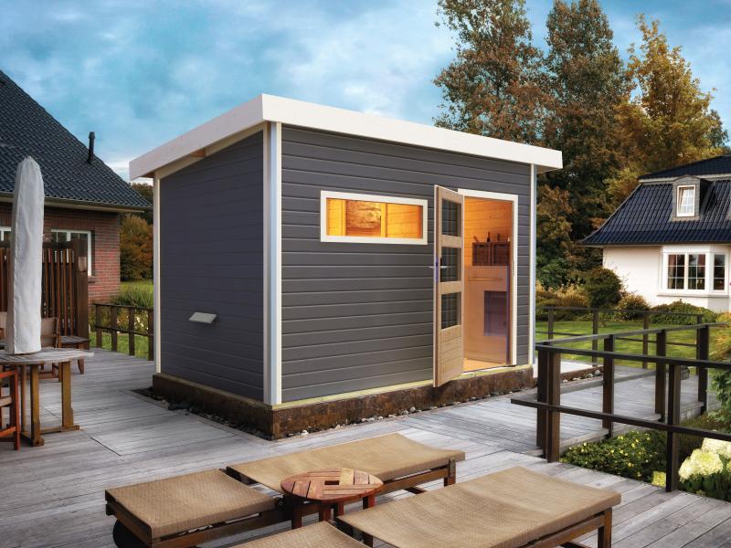 Karibu Saunahaus Skrollan 2 in terragrau- 9 kW Ofen ext. Strg- moderne Tür - Image 4