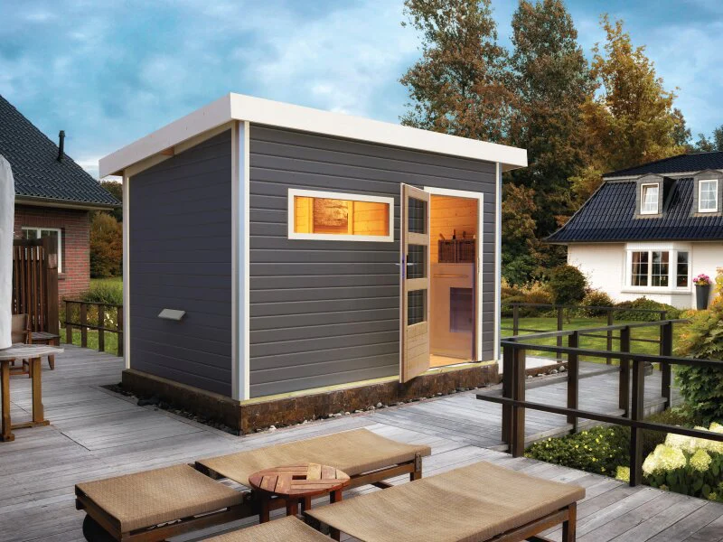 Karibu Saunahaus Skrollan 2, inkl.  9 kW Bioofen ext. Steuerung HUUM, Moderne Tür, Terragrau - Image 3