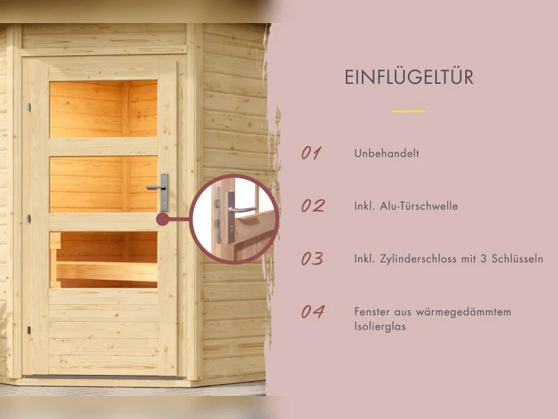 Karibu Saunahaus Skrollan 2, inkl. 9 kW Ofen ext. Steuerung HUUM, Moderne Tür - Image 6