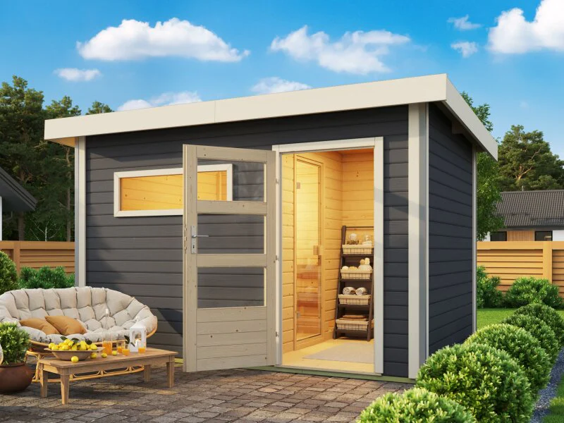 Karibu Saunahaus Skrollan 2, inkl. 9 kW Ofen ext. Steuerung HUUM, Moderne Tür, Terragrau - Image 2