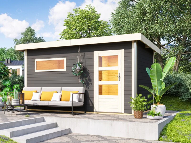 Karibu Saunahaus Skrollan 3, inkl. 9 kW Bioofen ext. Steuerung HUUM - Moderne Tür, Terragrau