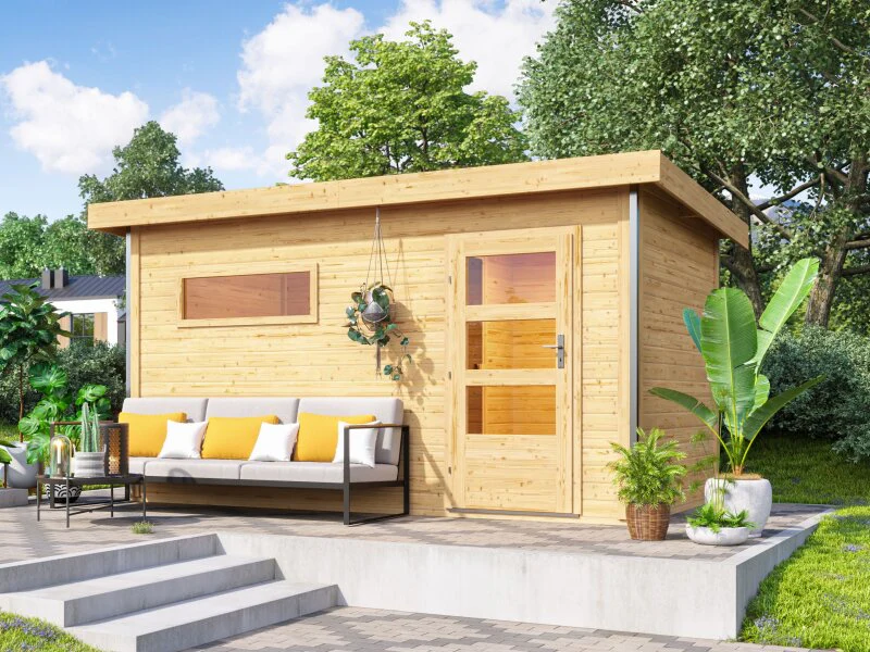 Karibu Saunahaus Skrollan 3, inkl. 9 kW Ofen ext. Steuerung HUUM - Moderne Tür