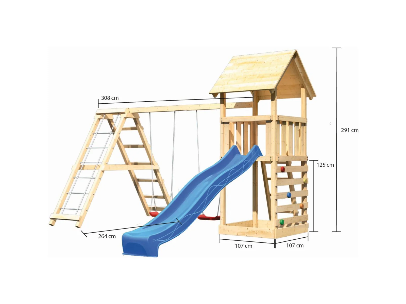 Karibu Spielturm Lotti- Doppelschaukel mit Klettergerüst, Kletterwand und Rutsche in blau - Image 2