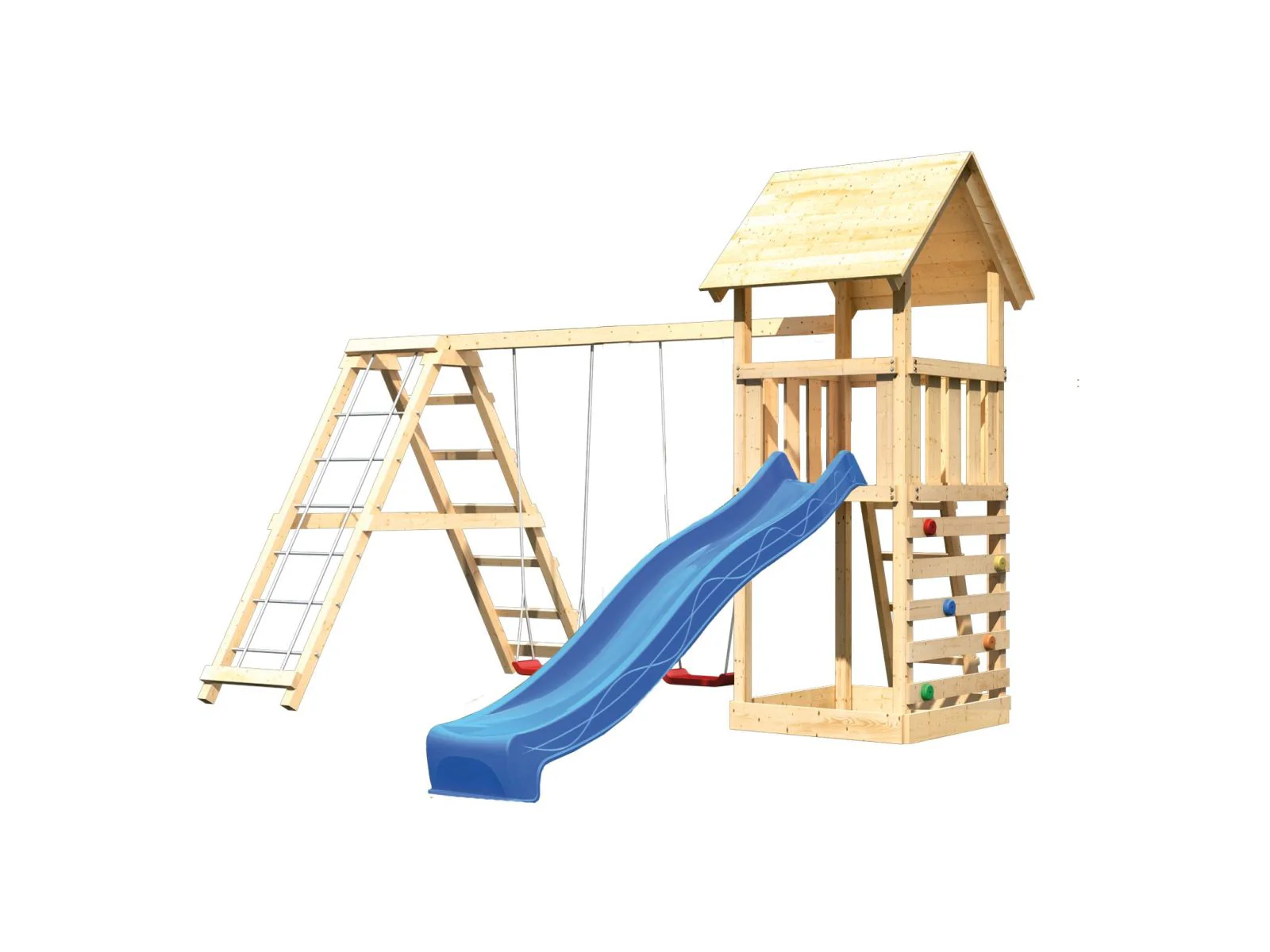 Karibu Spielturm Lotti- Doppelschaukel mit Klettergerüst, Kletterwand und Rutsche in blau - Image 4