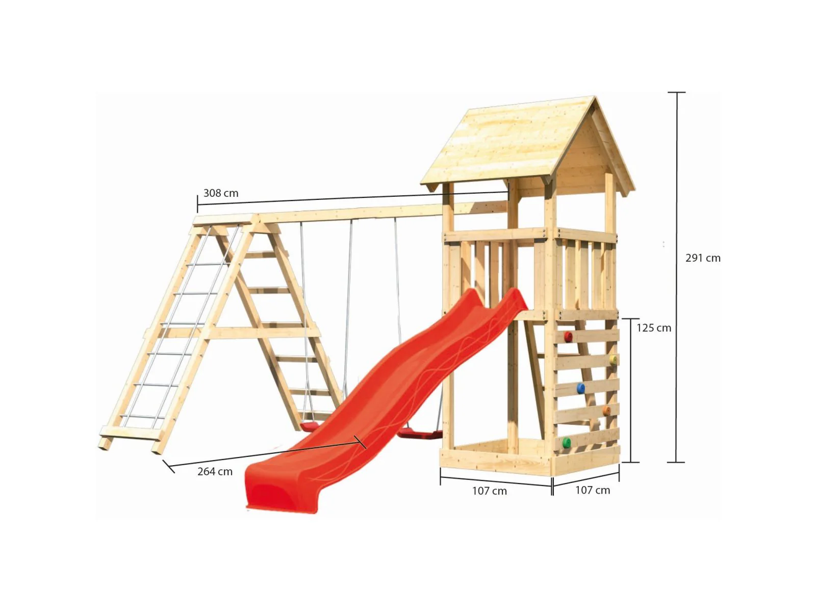 Karibu Spielturm Lotti- Doppelschaukel mit Klettergerüst, Kletterwand und Rutsche in rot - Image 2