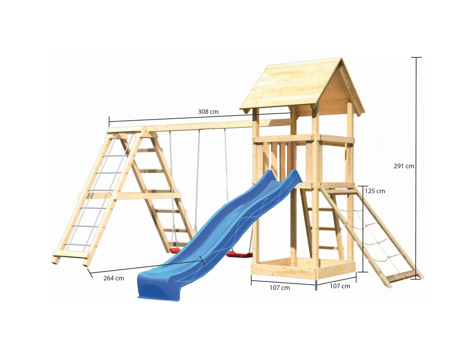 Karibu Spielturm Lotti- Doppelschaukel mit Klettergerüst, Netzrampe und Rutsche in blau - Image 2