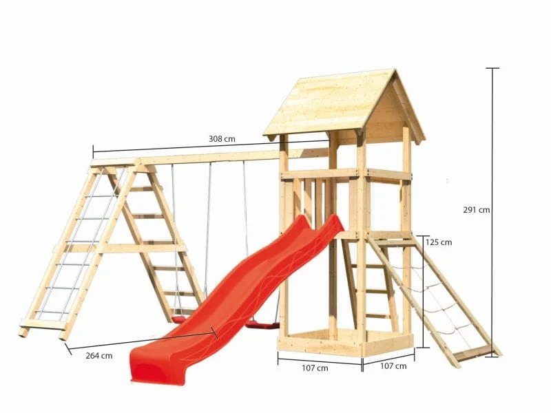 Karibu Spielturm Lotti- Doppelschaukel mit Klettergerüst, Netzrampe und Rutsche in rot - Image 3