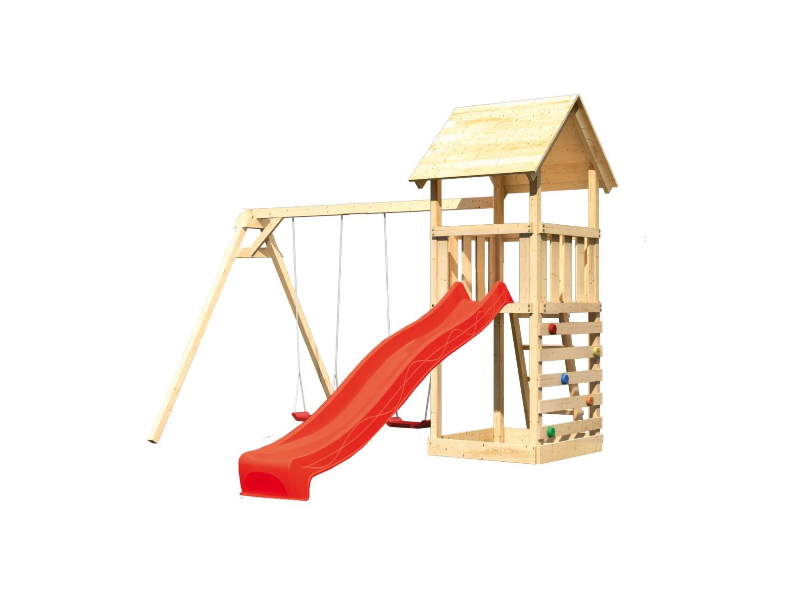 Karibu Spielturm Lotti mit Doppelschaukel, Kletterwand und Rutsche rot - Image 4