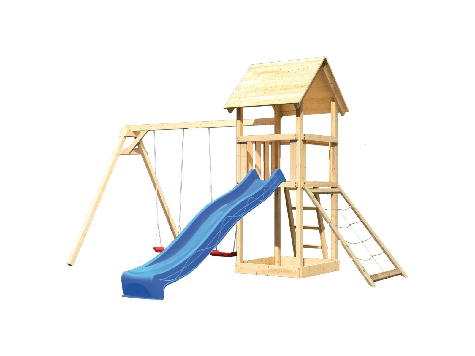 Karibu Spielturm Lotti mit Doppelschaukel, Netzrampe und Rutsche blau - Image 4
