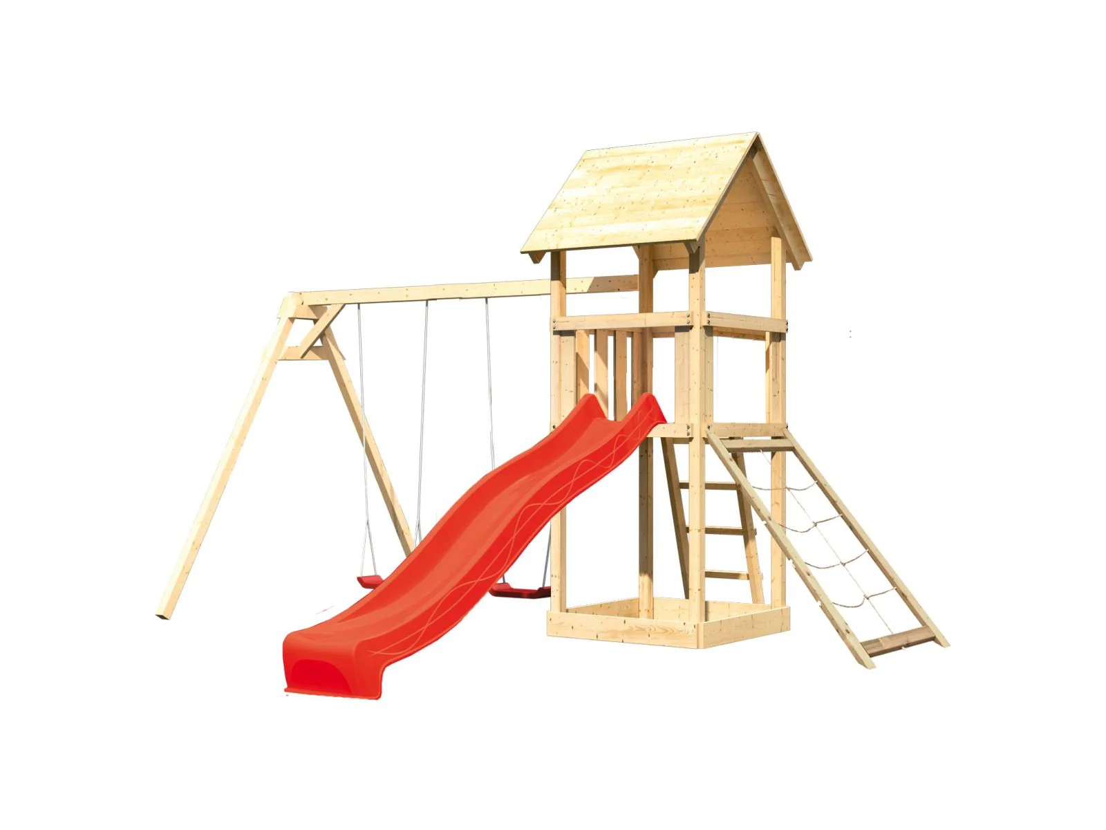 Karibu Spielturm Lotti mit Doppelschaukel, Netzrampe und Rutsche rot - Image 4