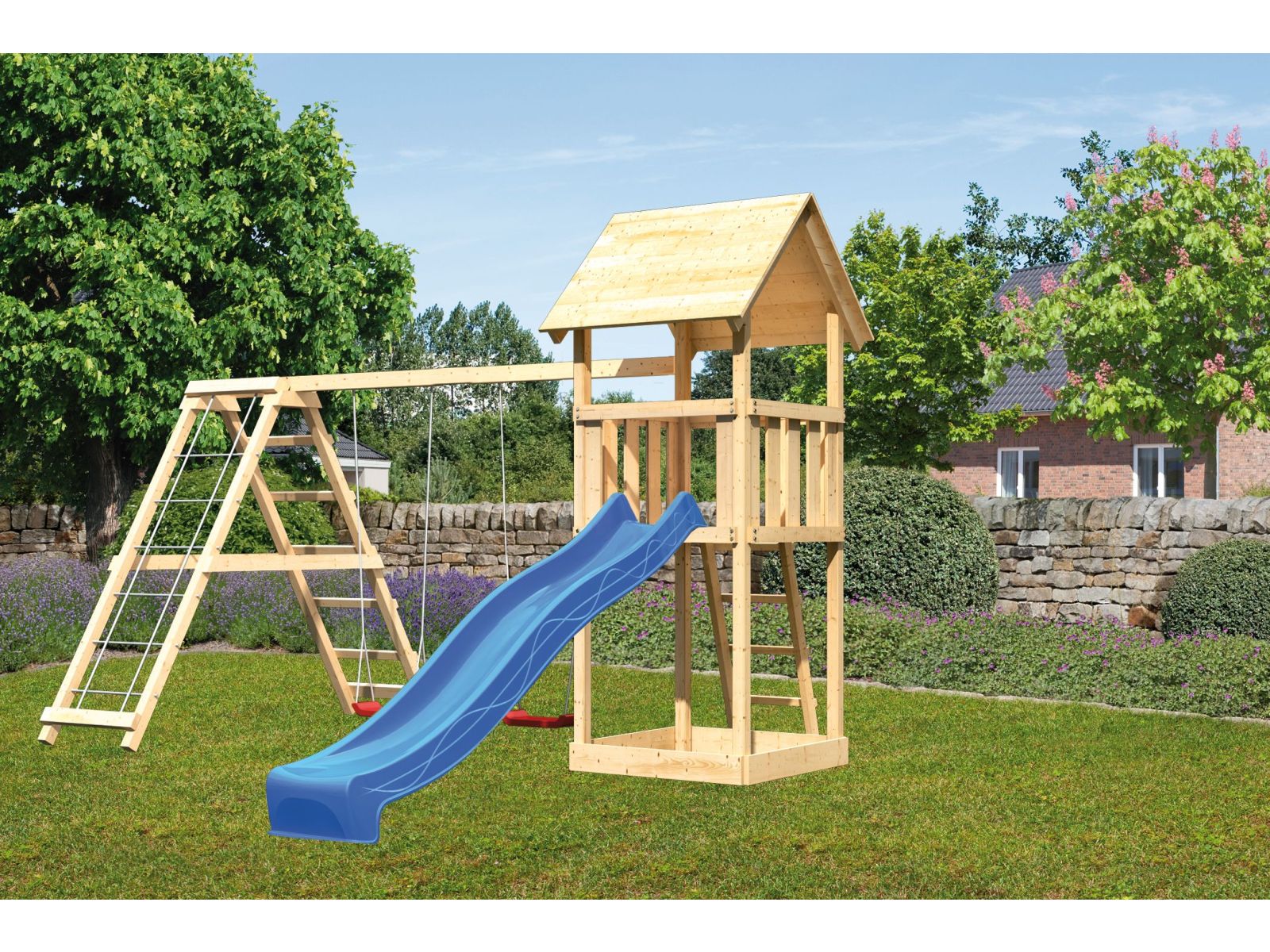 Karibu Spielturm Lotti mit Rutsche in blau und Doppelschaukel inkl. Klettergerüst - Image 2