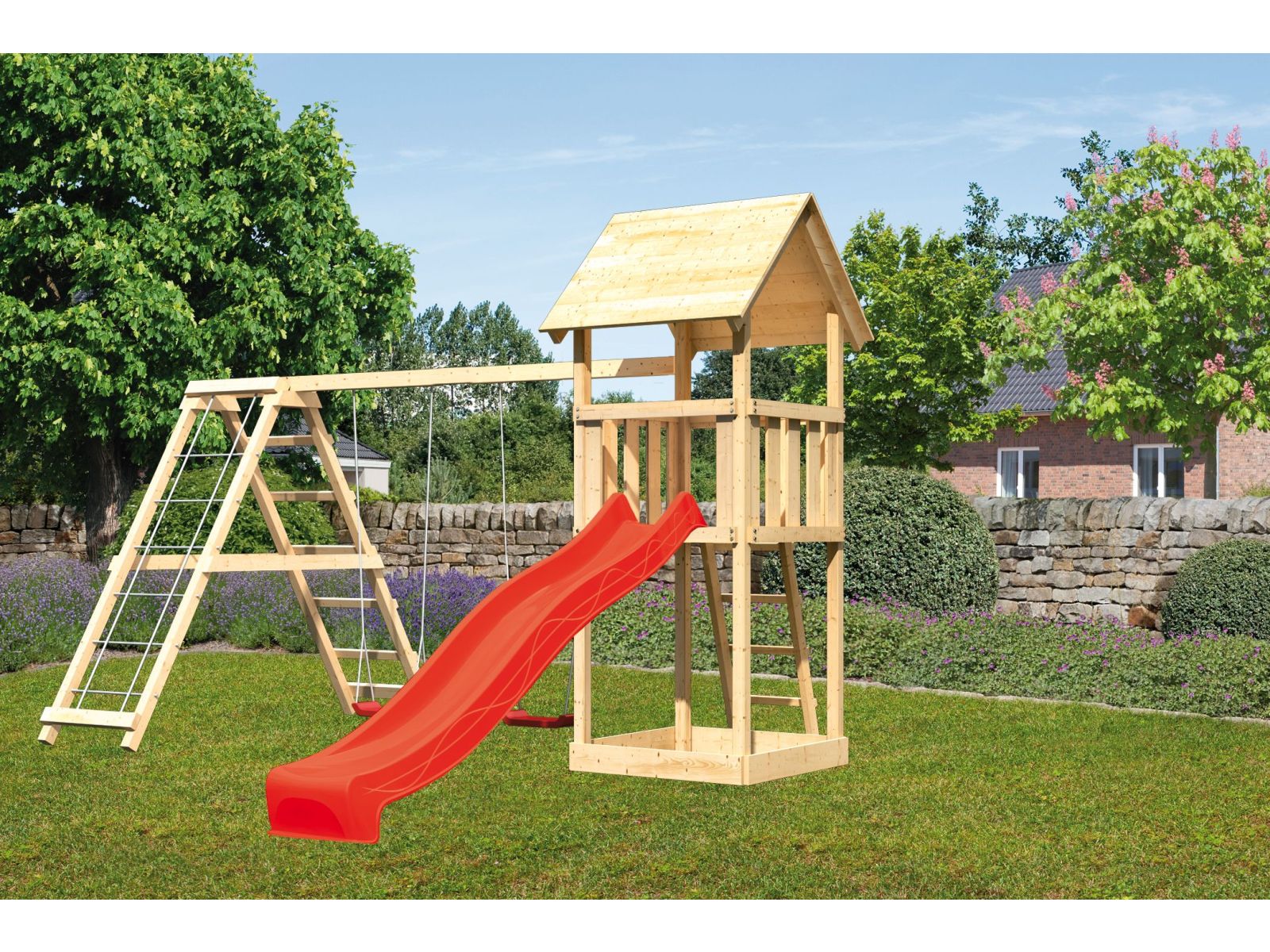 Karibu Spielturm Lotti mit Rutsche in rot und Doppelschaukel inkl. Klettergerüst - Image 2