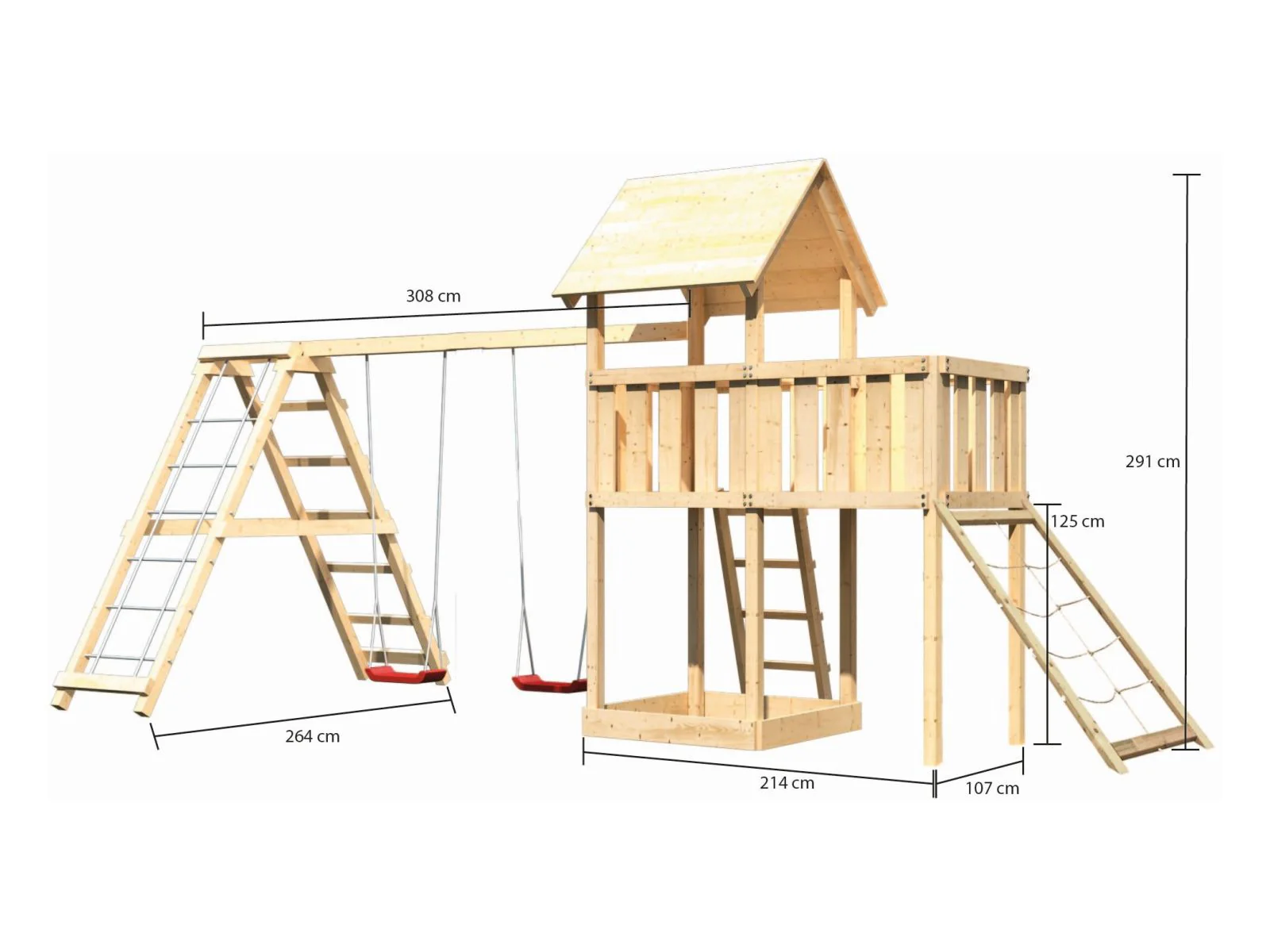 Karibu Spielturm Lotti natur- Anbauplattform- Doppelschaukel inkl. Klettergerüst- Netzrampe - Image 2