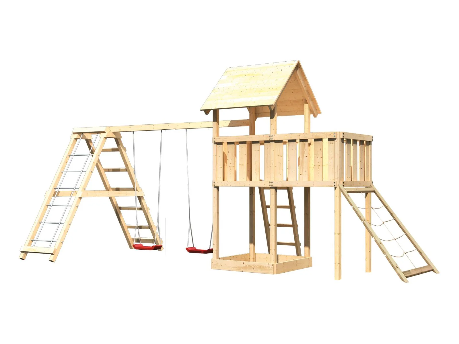 Karibu Spielturm Lotti natur- Anbauplattform- Doppelschaukel inkl. Klettergerüst- Netzrampe - Image 4