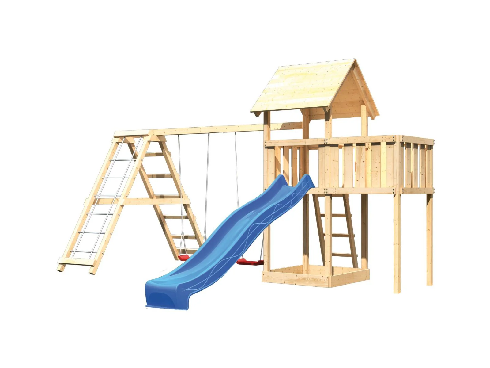 Karibu Spielturm Lotti natur- Anbauplattform- Doppelschaukel inkl. Klettergerüst- Rutsche blau - Image 4