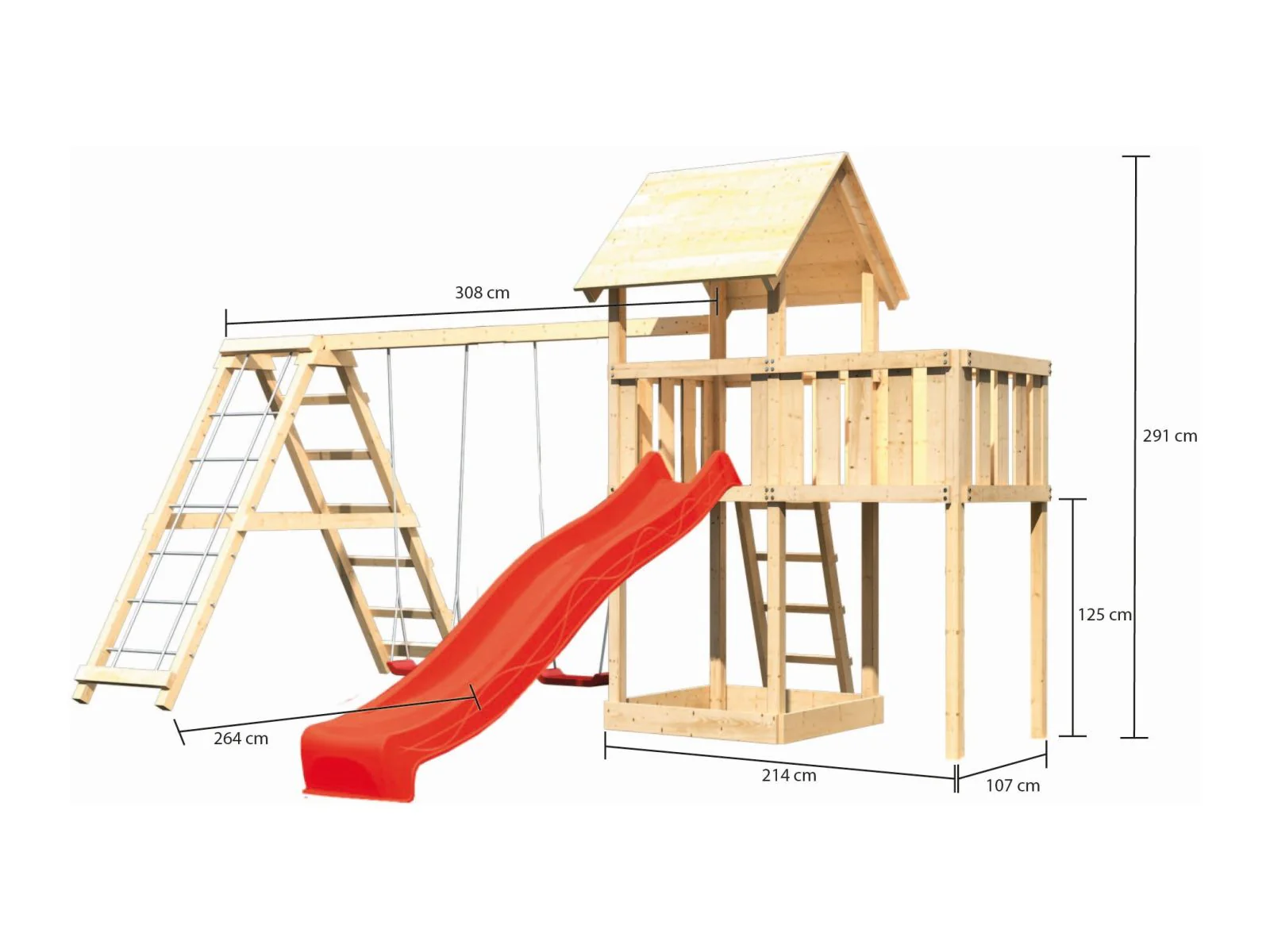 Karibu Spielturm Lotti natur- Anbauplattform- Doppelschaukel inkl. Klettergerüst- Rutsche rot - Image 2