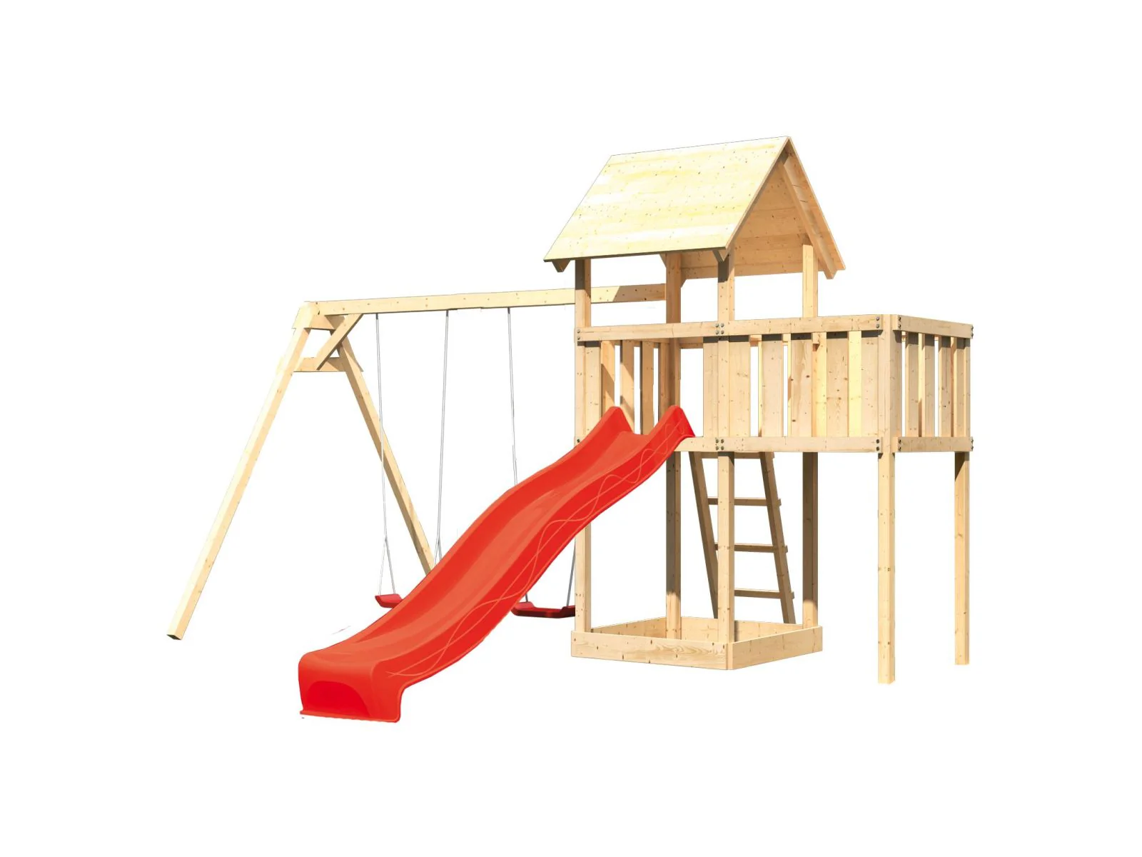 Karibu Spielturm Lotti natur- Anbauplattform- Doppelschaukel- Rutsche rot - Image 4