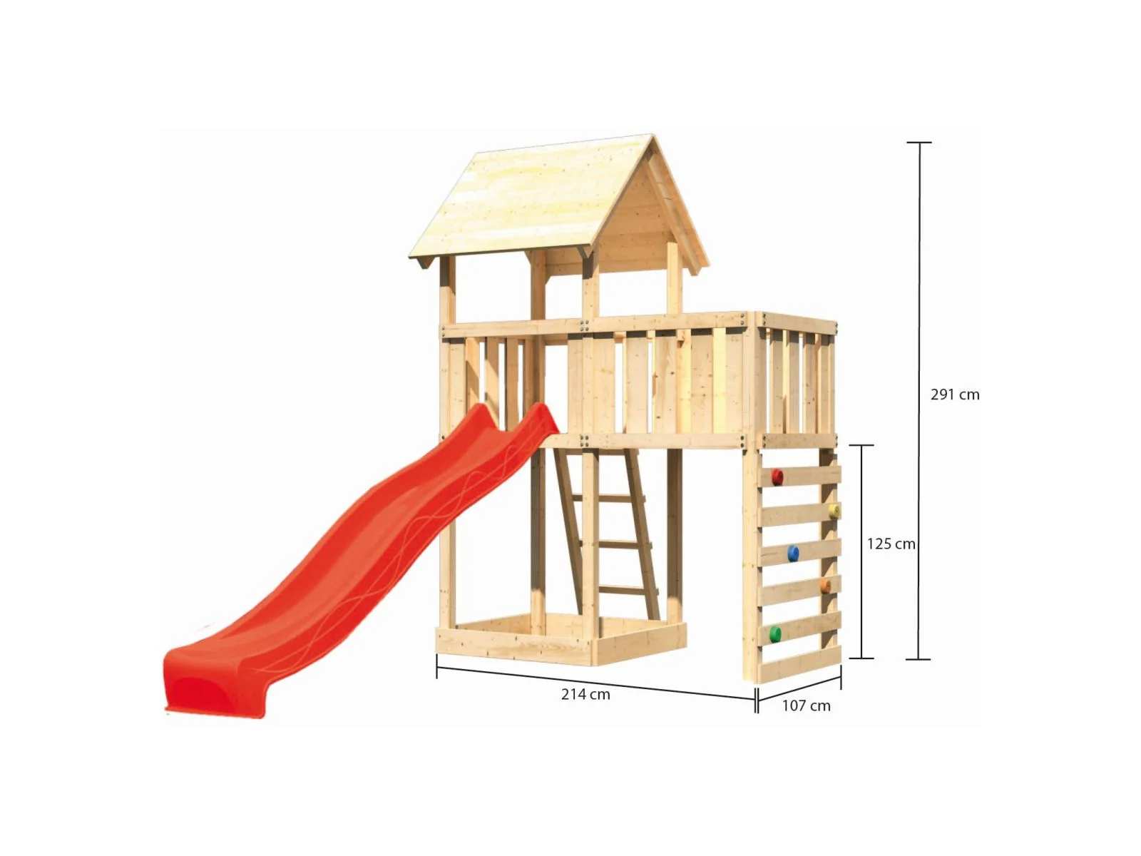 Karibu Spielturm Lotti natur mit Anbauplattform, Kletterwand und Rutsche rot - Image 2