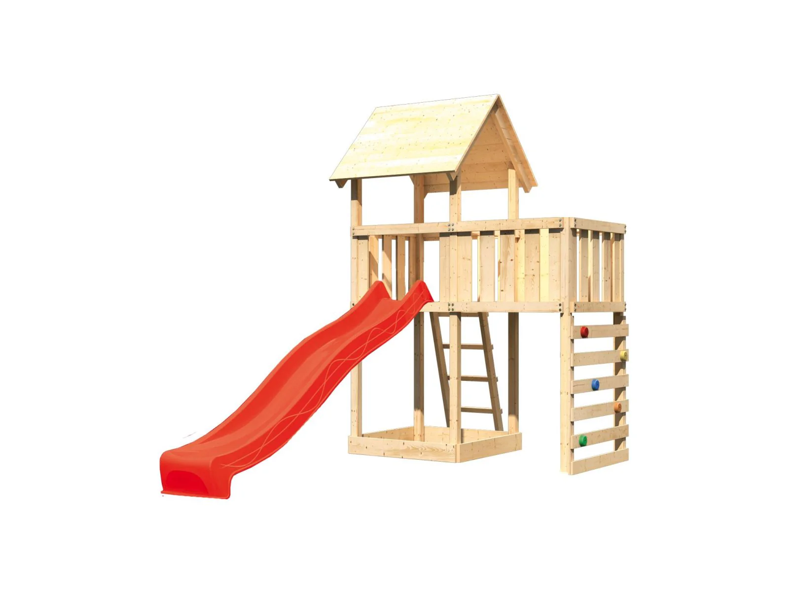 Karibu Spielturm Lotti natur mit Anbauplattform, Kletterwand und Rutsche rot - Image 4