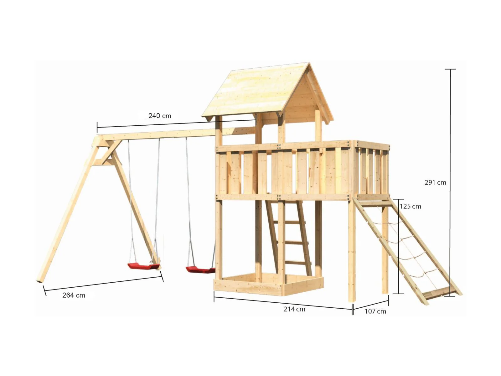 Karibu Spielturm Lotti natur mit Anbauplattform, Netzrampe und Doppelschaukel - Image 2
