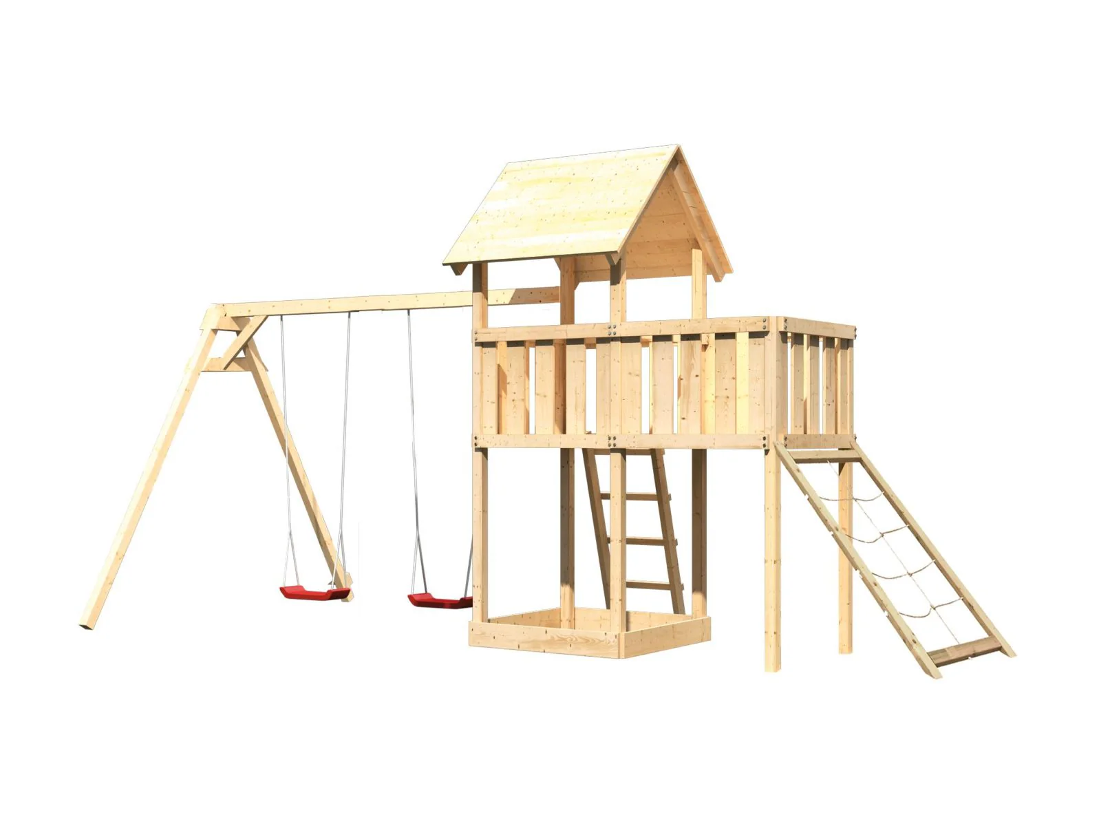 Karibu Spielturm Lotti natur mit Anbauplattform, Netzrampe und Doppelschaukel - Image 4