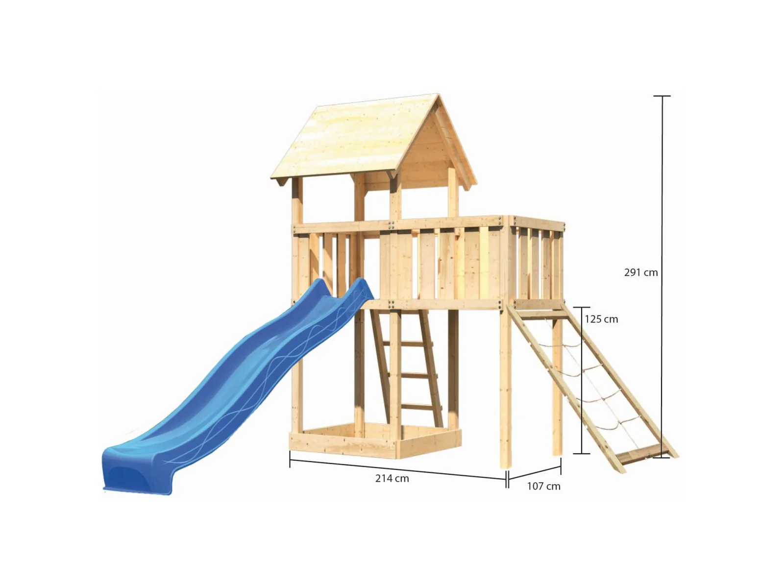 Karibu Spielturm Lotti natur mit Anbauplattform, Netzrampe und Rutsche blau - Image 2