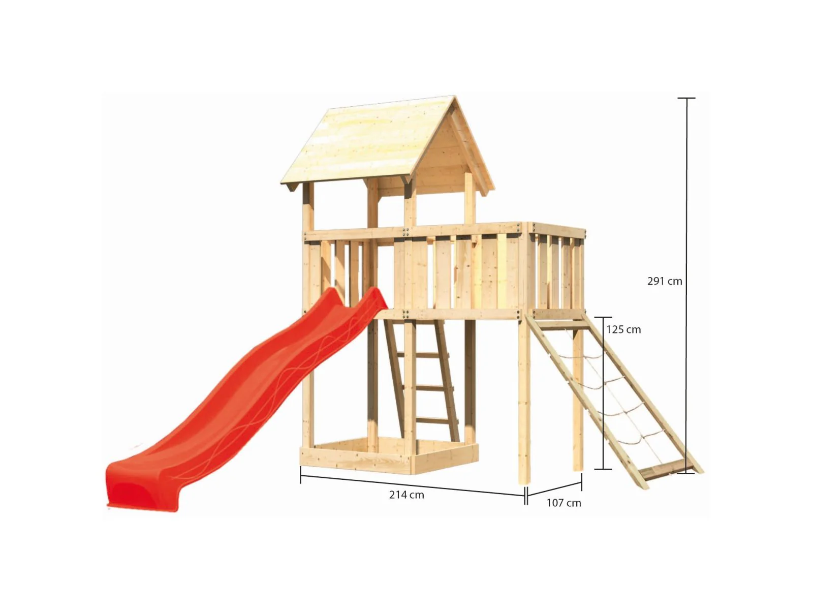 Karibu Spielturm Lotti natur mit Anbauplattform, Netzrampe und Rutsche rot - Image 2