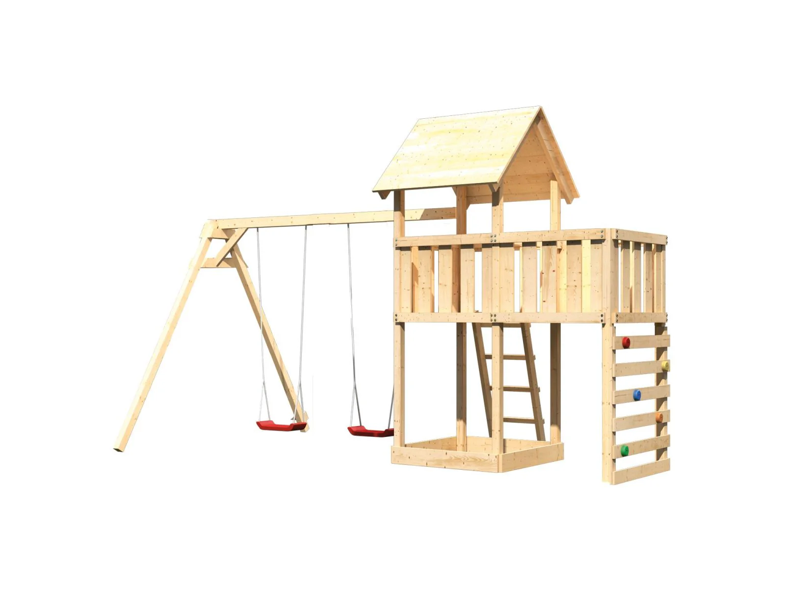 Karibu Spielturm Lotti Satteldach + Doppelschaukel + Anbauplattform + Kletterwand - Image 4