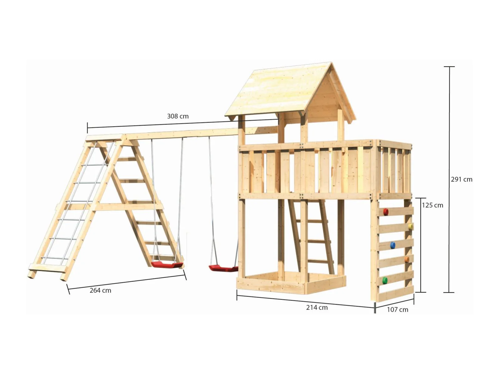 Karibu Spielturm Lotti Satteldach + Doppelschaukelanbau Klettergerüst + Anbauplattform + Kletterwand - Image 2