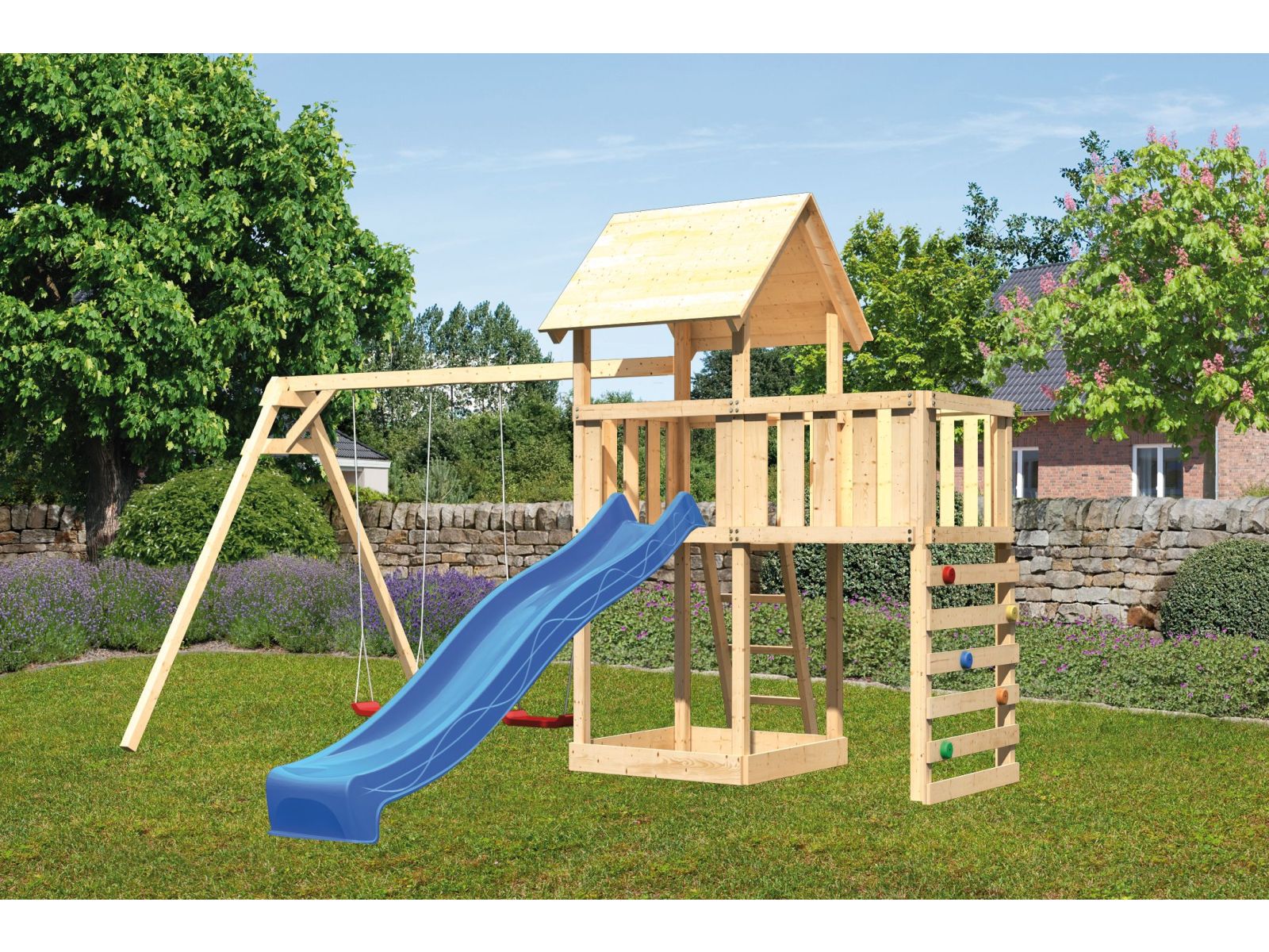Karibu Spielturm Lotti Satteldach + Rutsche blau + Doppelschaukel + Anbauplattform + Kletterwand