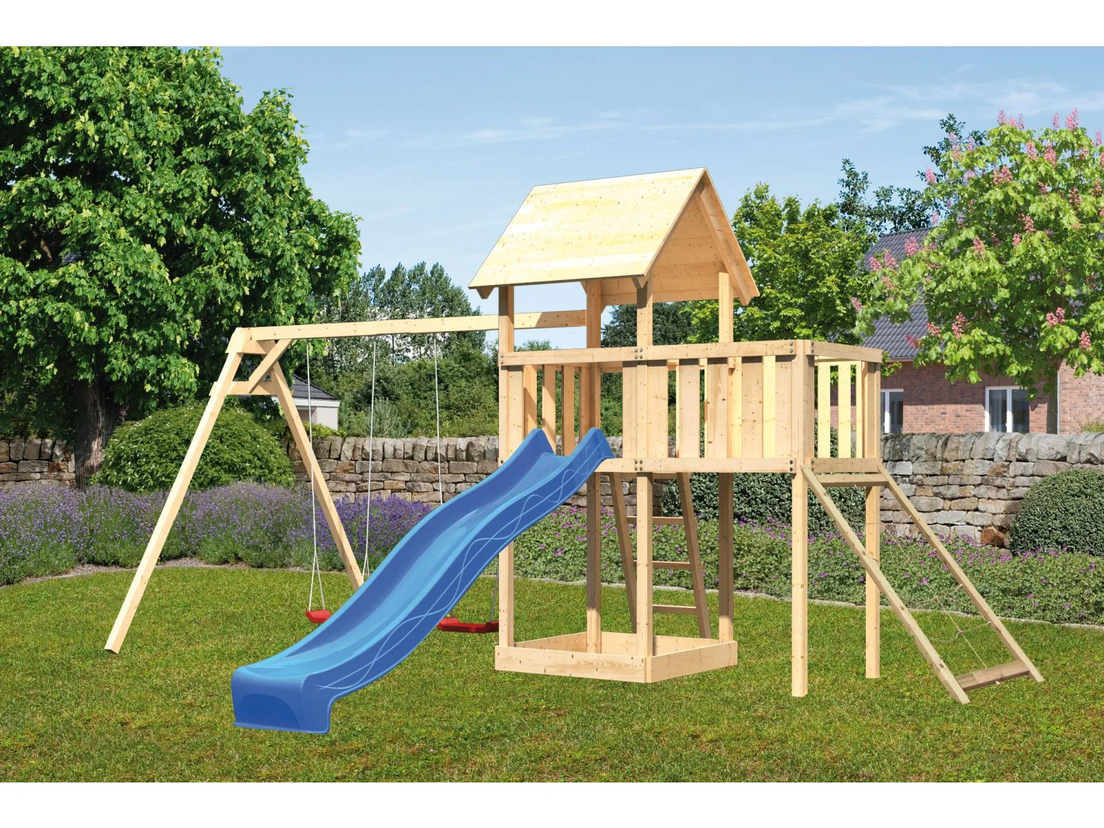 Karibu Spielturm Lotti Satteldach + Rutsche blau + Doppelschaukel + Anbauplattform + Netzrampe