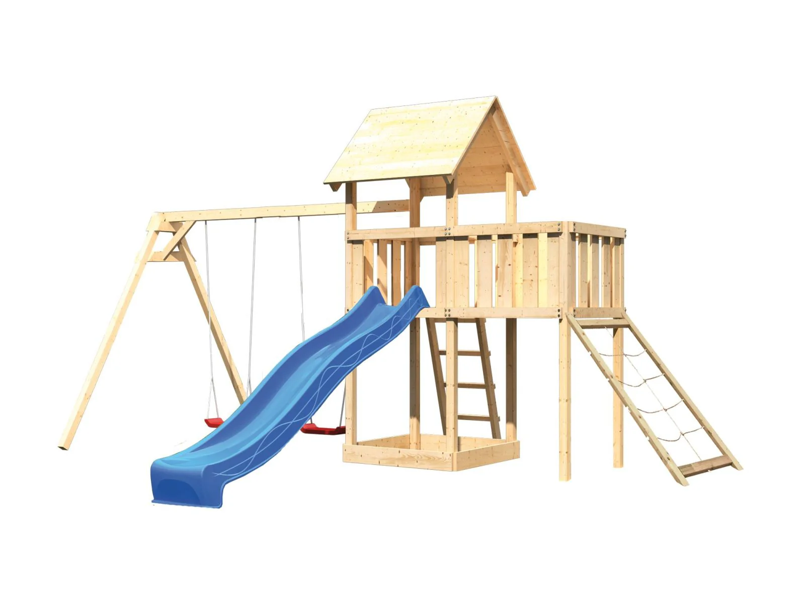 Karibu Spielturm Lotti Satteldach + Rutsche blau + Doppelschaukel + Anbauplattform + Netzrampe - Image 4