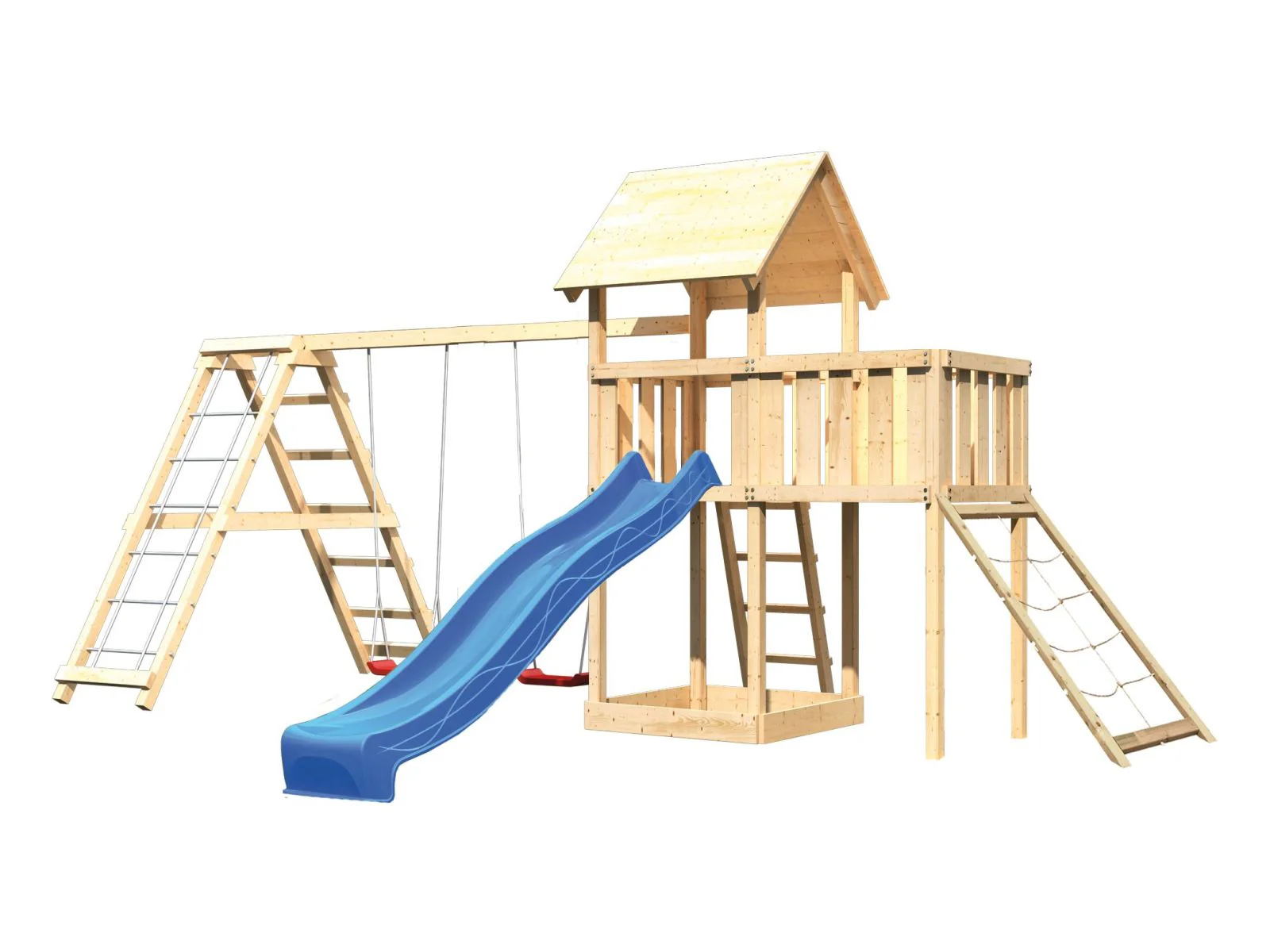 Karibu Spielturm Lotti Satteldach + Rutsche blau + Doppelschaukelanbau Klettergerüst + Anbauplattfor - Image 4